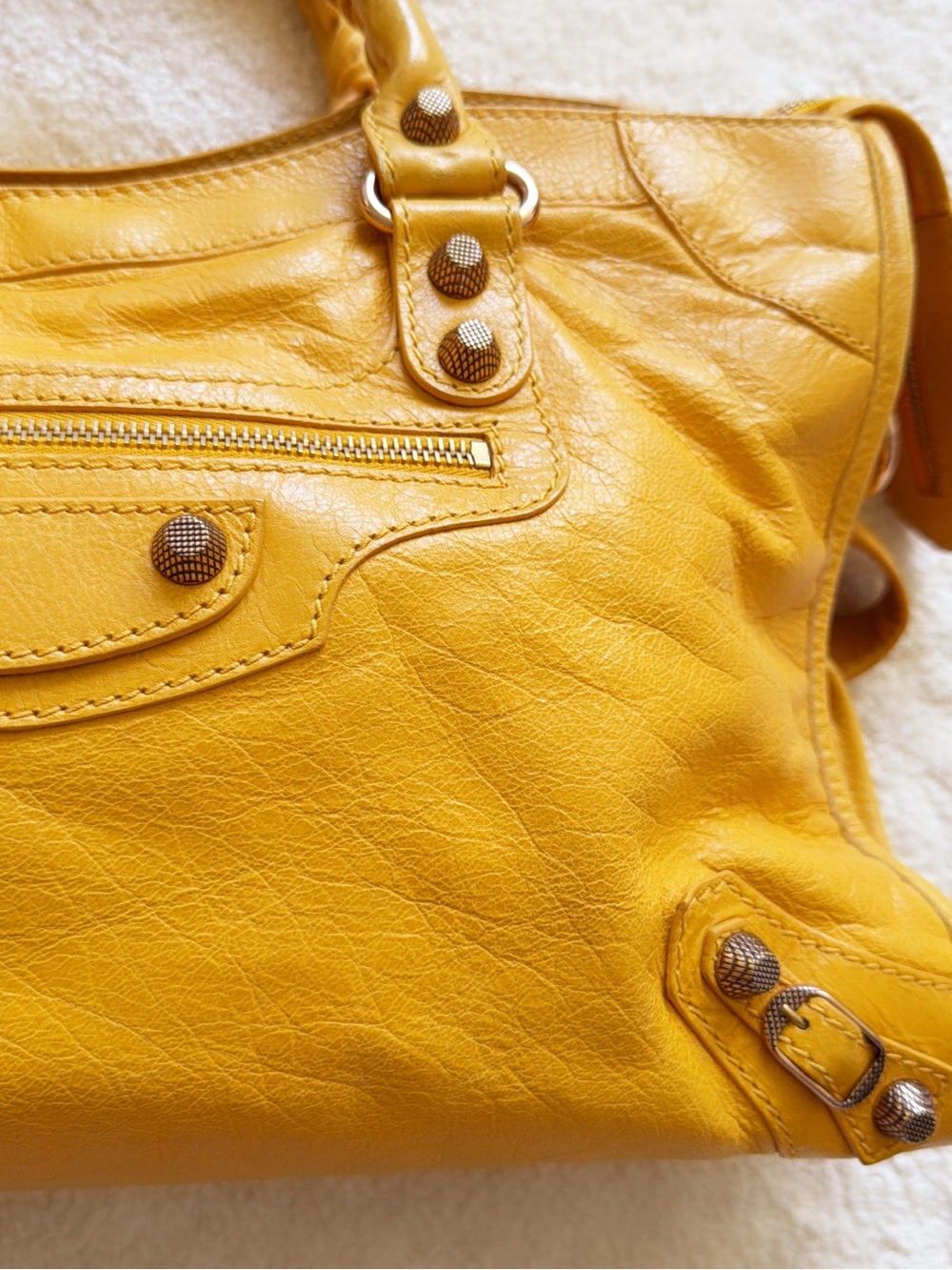 RARE💖 BALENCIAGA Mustard Yellow Medium CITY Motorcycle Shoulder Handbag Vintage - Picture 5 of 14